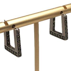 Square Hoop Earrings Sterling Silver Marcasite Glimmer Hinged Milgrain